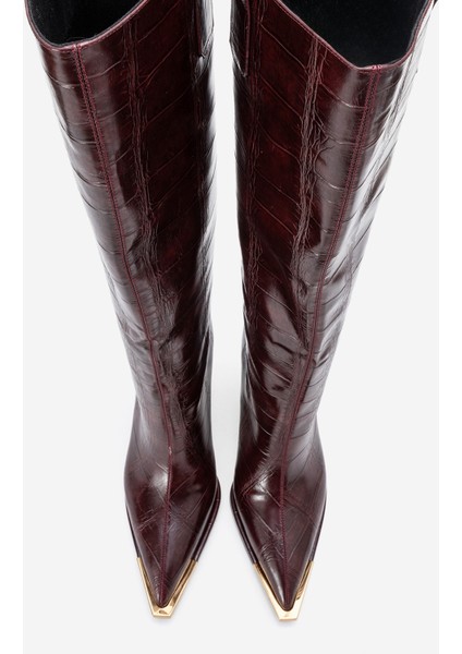 Lunelle Bordo Baskı Altın Detaylı Sivri Burunlu Kadın Topuklu Çizme fiyatları