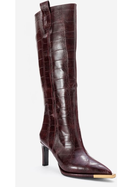 Lunelle Bordo Baskı Altın Detaylı Sivri Burunlu Kadın Topuklu Çizme modelleri