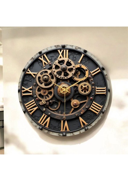 Çark Roma Rakam Renkli Baskı Desenli Hediyelik Ahşap Sessiz Tablo Duvar Saati