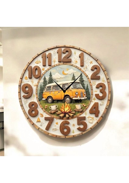 Doğa Araba Renkli Baskı Desenli Sayılı Hediyelik Ahşap Sessiz Tablo Duvar Saati