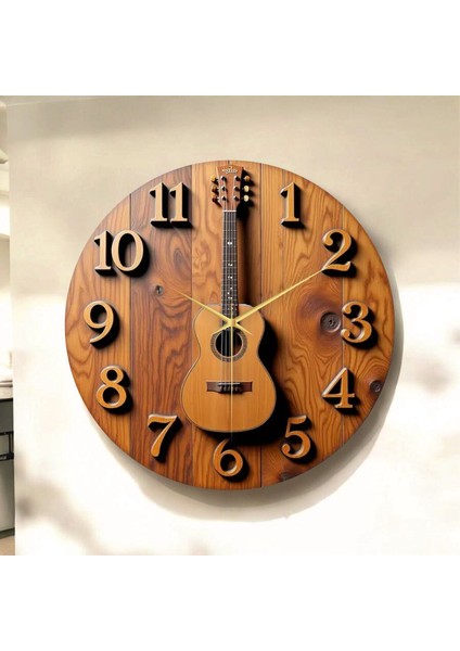 Gitar Müzik Renkli Baskı Desenli Sayılı Hediyelik Ahşap Sessiz Tablo Duvar Saati