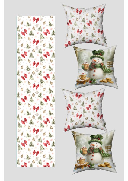 Noel Temalı Kardan Adam ve Kırmızı Fiyonk Yılbaşı 4 Kırlent Kılıfı 1 Runner Seti
