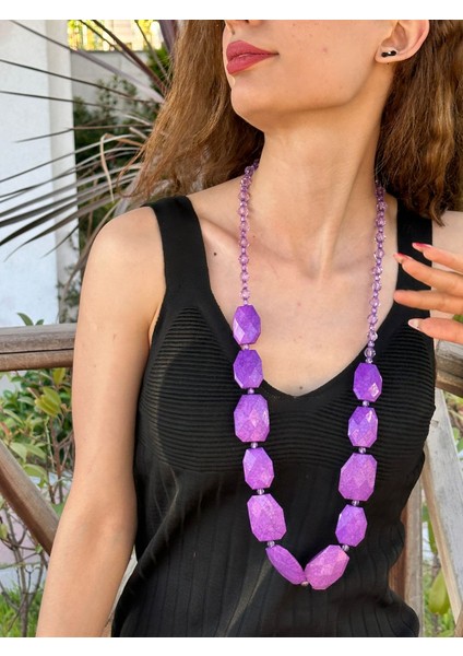Mor Boncuklu Uzun Kadın Kolye 40 cm