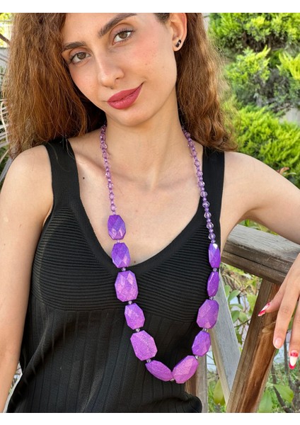 Mor Boncuklu Uzun Kadın Kolye 40 cm modelleri