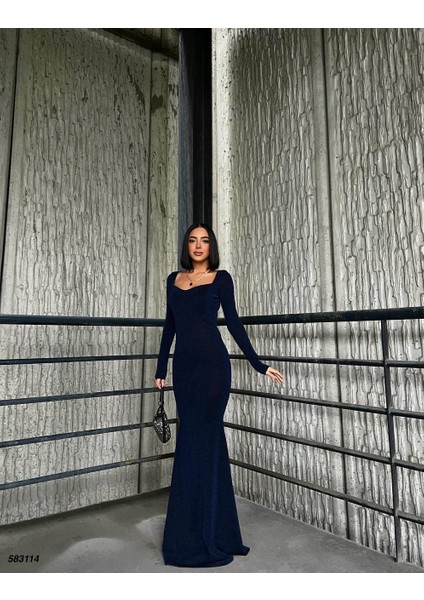 Kalp Yaka Balık Model Flowers Kumaş Abiye Elbise Lacivert 583114