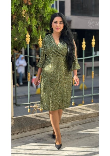 Büyük Beden Payetli Kruvaze Yaka Abiye Elbise - Diz Altı Şık Gece Elbisesi