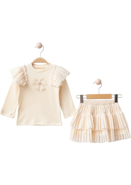 441817 Kız Çocuk Krem Lovely Bow Tül Katlı Etek Üst Takım