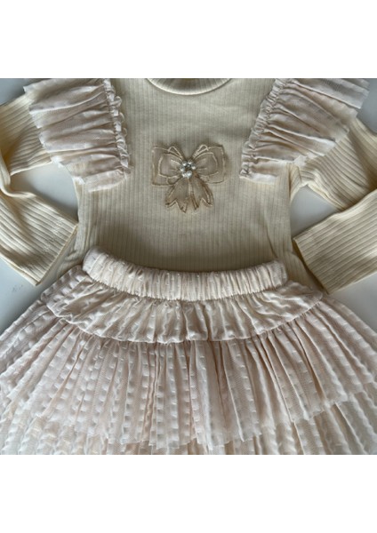 441817 Kız Çocuk Krem Lovely Bow Tül Katlı Etek Üst Takım modelleri