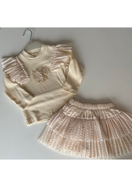 441817 Kız Çocuk Krem Lovely Bow Tül Katlı Etek Üst Takım indirimleri