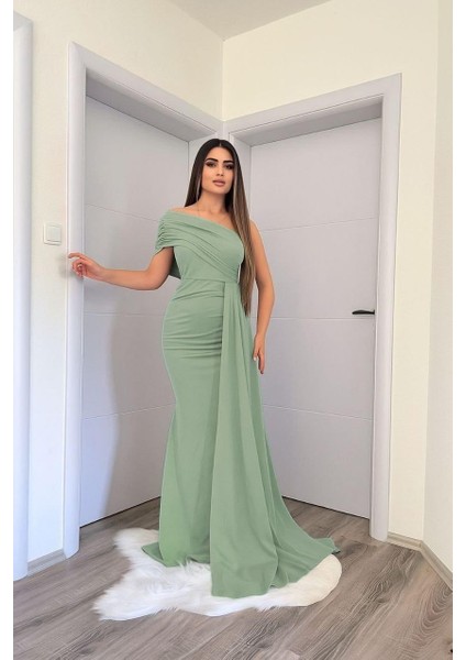 Esnek Kumaş Tek Omuz Yan Kuyruk Detaylı Balık Kesim Abiye ve Mezuniyet Elbisesi Mint 582108