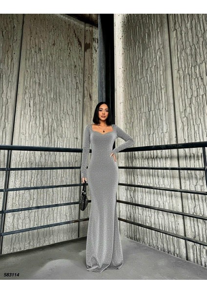 Kalp Yaka Balık Model Flowers Kumaş Abiye Elbise Gumuş 583114