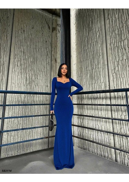 Kalp Yaka Balık Model Flowers Kumaş Abiye Elbise Saks 583114