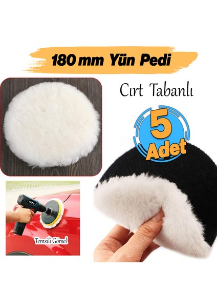 ( 5 Adet ) Yün Ped Ø 180 mm Pasta Cila Polisaj Süngeri Cırt Tabanlı Kuzu Postu Yünü Keçesi Parlatma