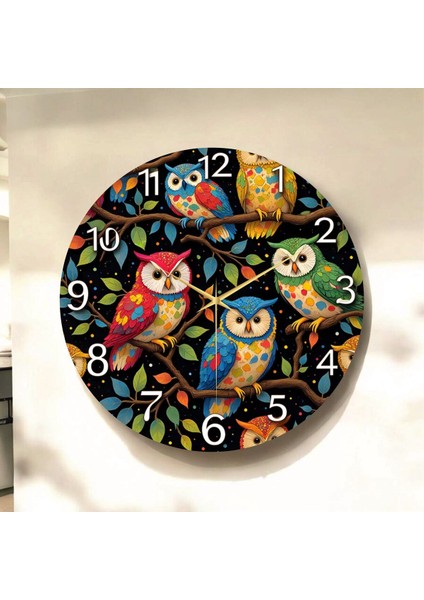 Baykuş Hayvan Renkli Baskı Desenli Sayılı Hediyelik Ahşap Sessiz Tablo Duvar Saati