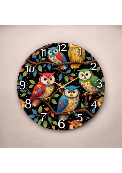 Baykuş Hayvan Renkli Baskı Desenli Sayılı Hediyelik Ahşap Sessiz Tablo Duvar Saati fiyatları