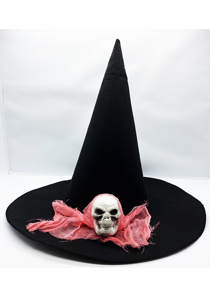Siyah Renk Pembe Duvaklı Kuru Kafa Temalı Cadı Şapkası 35X38 cm (4767) - M365R790-K91365