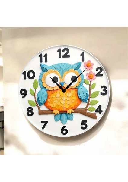 Baykuş Çocuk Hayvan Renkli Baskı Desenli Sayılı Hediyelik Ahşap Sessiz Tablo Duvar Saati