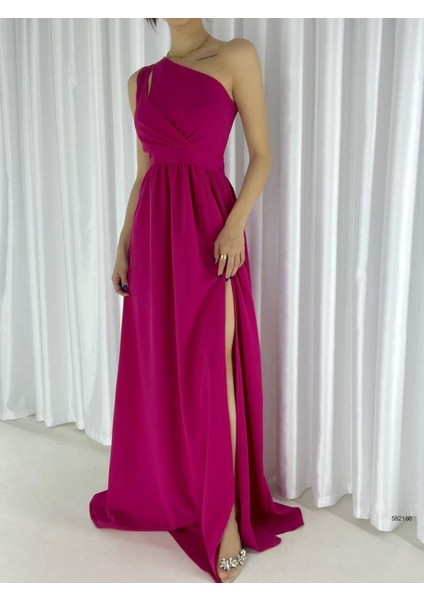 Ithal Krep Kumaş Tek Omuz Uzun Yandan Yırtmaclı Elbise 582160 Füşya
