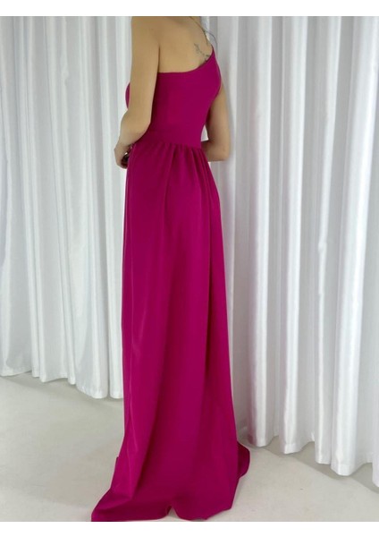 Ithal Krep Kumaş Tek Omuz Uzun Yandan Yırtmaclı Elbise 582160 Füşya fiyatları
