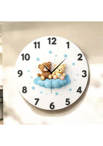 Ayıcık Çocuk Renkli Baskı Desenli Sayılı Hediyelik Ahşap Sessiz Tablo Duvar Saati