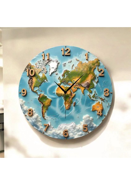 Dünya Harita Renkli Baskı Desenli Sayılı Hediyelik Ahşap Sessiz Tablo Duvar Saati