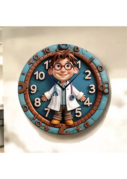 Doktor Eczacı Renkli Baskı Desenli Sayılı Hediyelik Ahşap Sessiz Tablo Duvar Saati