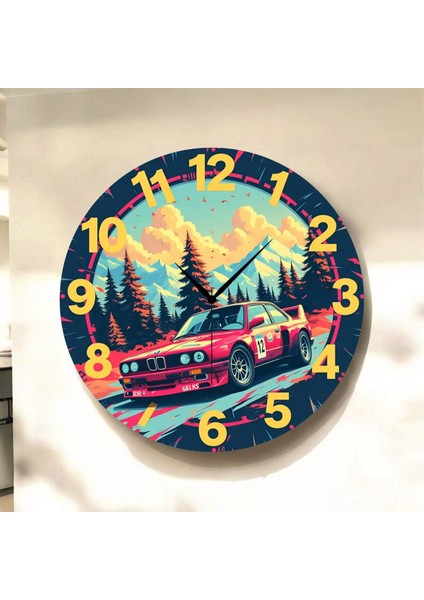 Araba Doğa Renkli Baskı Desenli Sayılı Hediyelik Ahşap Sessiz Tablo Duvar Saati