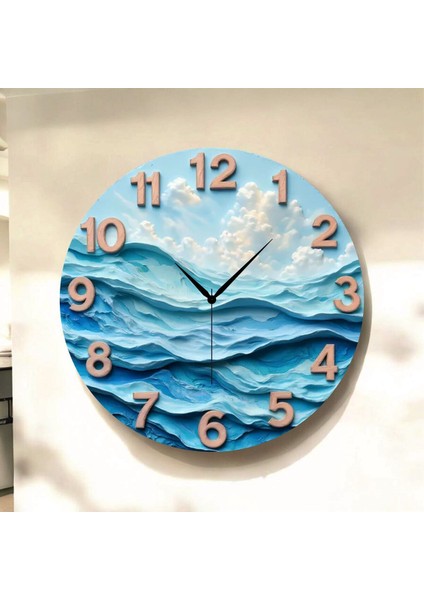Deniz Renkli Baskı Desenli Sayılı Hediyelik Ahşap Sessiz Tablo Duvar Saati