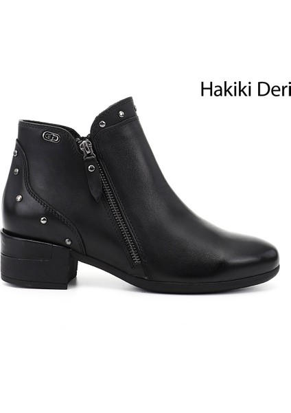 Kadın Siyah Fermuarlı Kalın Topuklu Hakiki Deri Bot