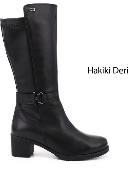Kadın Siyah Kalın Topuklu Hakiki Deri Çizme