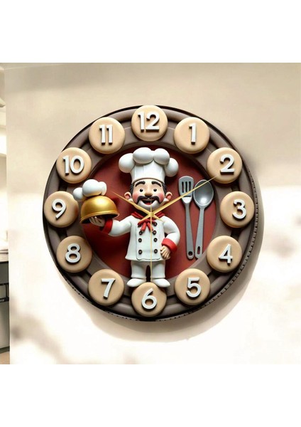 Aşçı Yemek Renkli Baskı Desenli Sayılı Hediyelik Ahşap Sessiz Tablo Duvar Saati