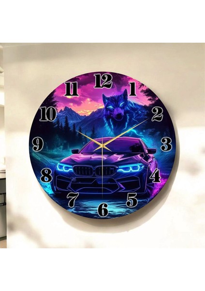 Araba Kurt Doğa Renkli Baskı Desenli Sayılı Hediyelik Ahşap Sessiz Tablo Duvar Saati