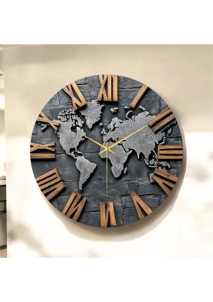 Dünya Harita Roma Rakam Renkli Baskı Desenli Hediyelik Ahşap Sessiz Tablo Duvar Saati