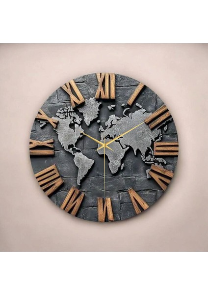 Dünya Harita Roma Rakam Renkli Baskı Desenli Hediyelik Ahşap Sessiz Tablo Duvar Saati fiyatları