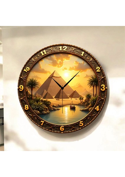 Mısır Piramit Renkli Baskı Desenli Sayılı Hediyelik Ahşap Sessiz Tablo Duvar Saati