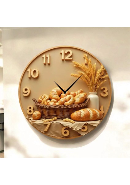 Ekmek Fırın Renkli Baskı Desenli Sayılı Hediyelik Ahşap Sessiz Tablo Duvar Saati