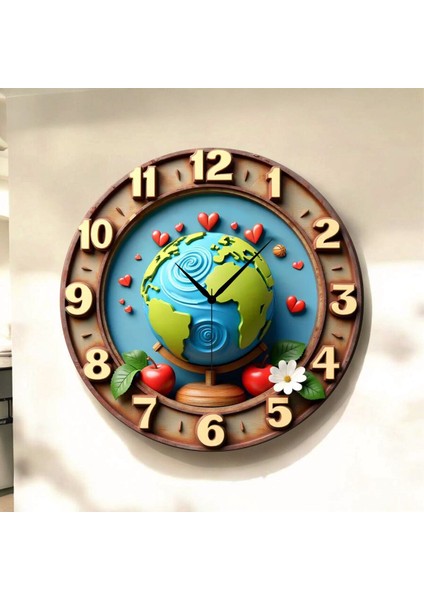 Dünya Çiçek Renkli Baskı Desenli Sayılı Hediyelik Ahşap Sessiz Tablo Duvar Saati