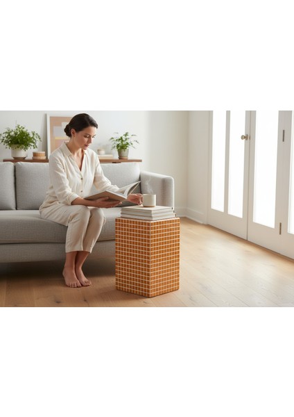 El Yapımı Koyu Hardal Mozaik Sehpa – Modern Dekoratif Yan Sehpa (45X26 Cm)