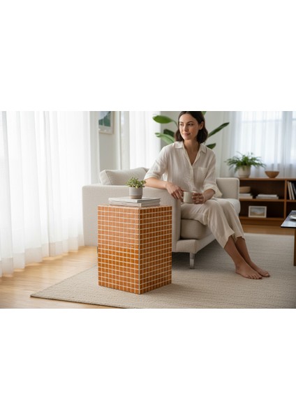 El Yapımı Koyu Hardal Mozaik Sehpa – Modern Dekoratif Yan Sehpa (45X26 Cm) fiyatları