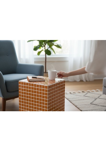 El Yapımı Koyu Hardal Mozaik Sehpa – Modern Dekoratif Yan Sehpa (45X26 Cm) modelleri