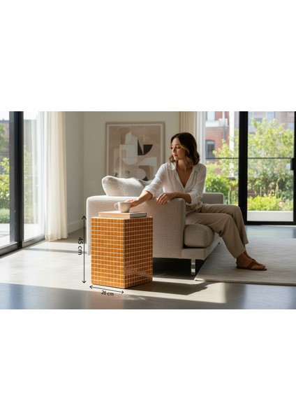 El Yapımı Koyu Hardal Mozaik Sehpa – Modern Dekoratif Yan Sehpa (45X26 Cm)