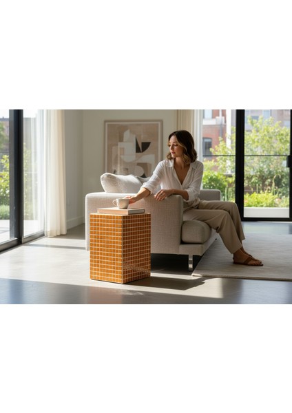 El Yapımı Koyu Hardal Mozaik Sehpa – Modern Dekoratif Yan Sehpa (45X26 Cm)