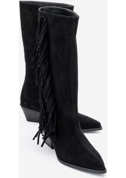 Orlo Siyah Süet Hakiki Deri Püsküllü Kadın Western Çizme