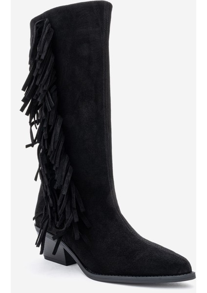 Orlo Siyah Süet Hakiki Deri Püsküllü Kadın Western Çizme modelleri