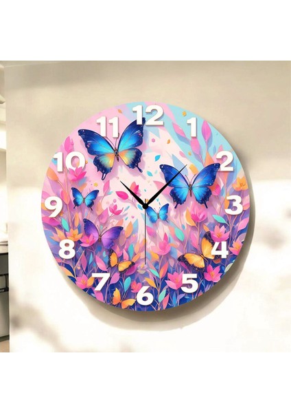 Kelebek Renkli Baskı Desenli Sayılı Hediyelik Ahşap Sessiz Tablo Duvar Saati