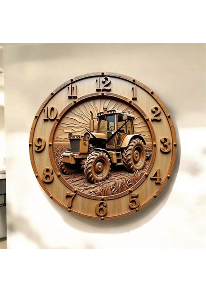 Çiftçi Traktör Renkli Baskı Desenli Sayılı Hediyelik Ahşap Sessiz Tablo Duvar Saati
