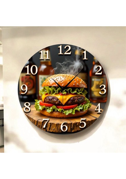 Hamburger Yemek Renkli Baskı Desenli Sayılı Hediyelik Ahşap Sessiz Tablo Duvar Saati