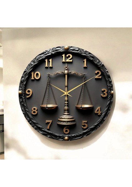 Terazi Adalet Avukat Renkli Baskı Desenli Sayılı Hediyelik Ahşap Sessiz Tablo Duvar Saati