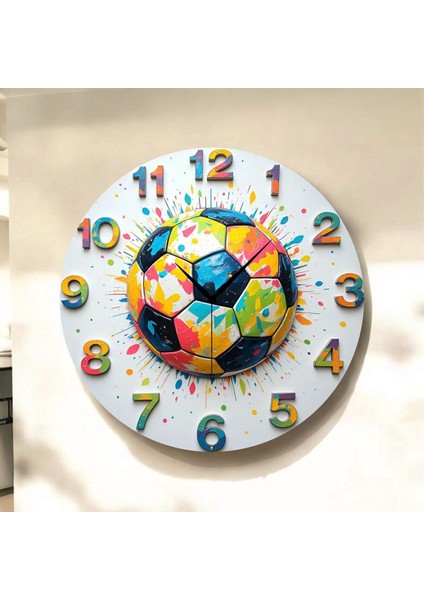 Futbol Top Renkli Baskı Desenli Sayılı Hediyelik Ahşap Sessiz Tablo Duvar Saati
