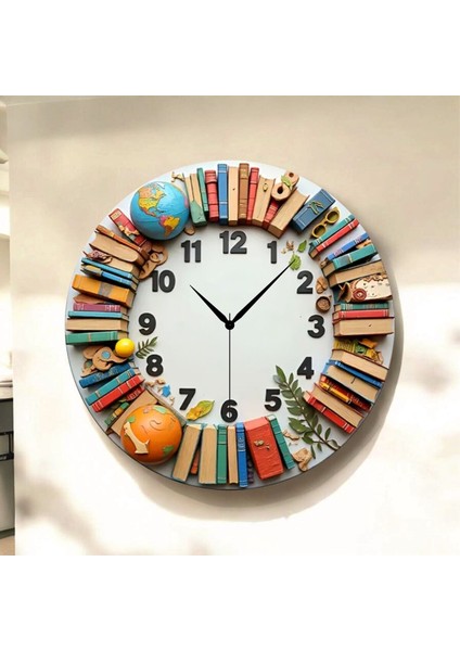 Kitap Öğretmen Renkli Baskı Desenli Sayılı Hediyelik Ahşap Sessiz Tablo Duvar Saati